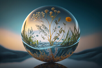 Water splashing sphere on blue defocused background. Save planet aqua resources, Earth safe and ecology protection concept. Liquid splash ball with drops, realistic 3d illustration is AI generated.