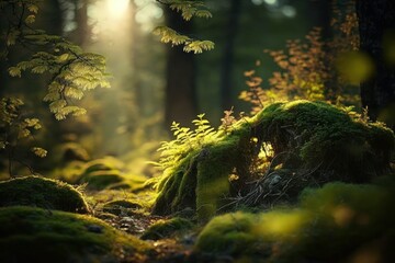 Illustration of Moss in the Sunny Forest (Generative AI)