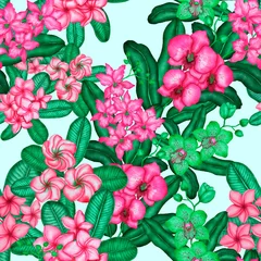 Foto op Aluminium Watercolor seamless pattern with tropical flowers. Beautiful allover print with hand drawn exotic plants. Swimwear botanical design.  © Natallia Novik