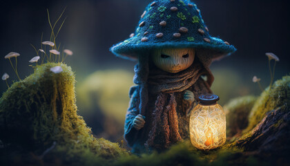 Cute Knitted Witch Toy in the Middle of Fantasy Forest with Lights and Bokeh Effect. Generative AI