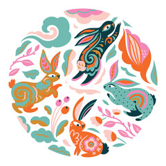 Vector rabbit characters design with beautiful blossom flowers in the circle - 579651773
