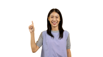 Asian woman pointing finger inviting click here, It is recommended to follow this direction or click on this link, Space for promotion here, Register or apply for membership, Click here.