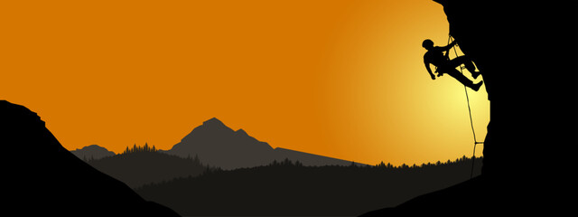 Climb adventure hobby vector illustration for logo - Black silhouette of a climber on a cliff rock with mountains landscape and sunset sunrise as a background