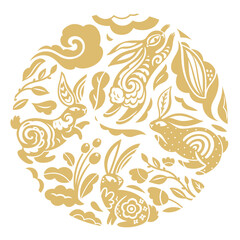 Gold rabbit characters design with beautiful blossom flowers in the circle. Vector illustration - 579652183