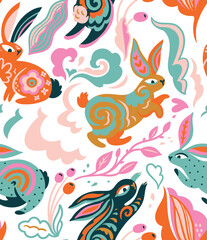 Seamless pattern of Rabbit silhouettes in folk style