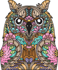 Hand drawn owl doodle with flower decorative elements. Coloring page for adult and kids. Vector Illustration
