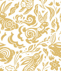 Whimsical gold Rabbit silhouettes in folk style. Seamless pattern  - 579652748