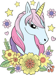 Vector illustration Unicorn cute doodle and flowers Hand drawn
