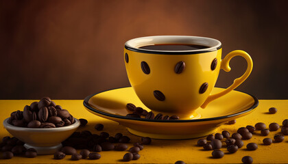 Closeup Photography Of A Coffee Cup With Bean And Leaves On Table