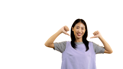Young Asian woman pointing finger at herself, Concept of love yourself and believe in yourself, self esteem, Pointing two thumbs at herself, Isolated over PNG file.