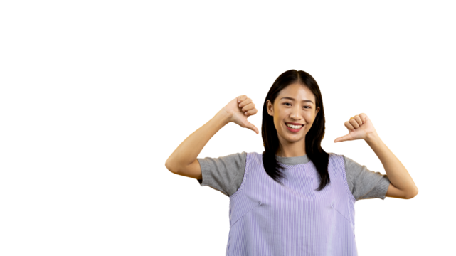 Young Asian woman pointing finger at herself, Concept of love yourself and believe in yourself, self esteem, Pointing two thumbs at herself, Isolated over PNG file.