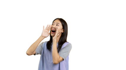 Announce the good news, Asian woman shouting for attention or calling for attention, Hurry up and see, Hot promotion, First come first serve, Limited quantity, Do not miss, Advertisement area.