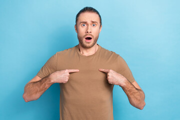 Photo of shocked questioned person open mouth staring point fingers himself isolated on blue color background - obrazy, fototapety, plakaty