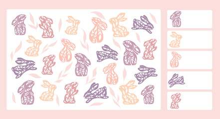 Vector template for preschool games. I spy game. Childrens educational fun. Count how many decorated rabbits. Cartoon folk art bunnies