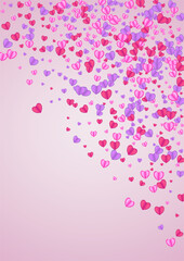 Tender Heart Background Pink Vector. Bright Pattern Confetti. Purple Romantic Illustration. Violet Confetti Cute Backdrop. Lilac Mother Frame.