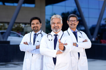 Successful team of medical doctors showing thumps up at hospital.