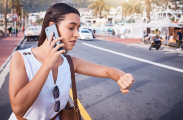 Woman, phone call and street with time, taxi and traffic for travel to work for business. Corporate employee waiting, using phone and watch on road, urban outdoor or metro for transportation