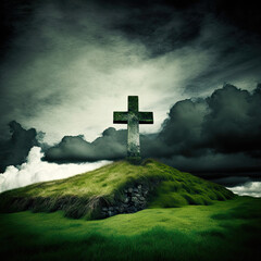 Christian cross on green hill with dramatic sky. Generative AI.