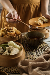 siomay and batagor is Indonesian traditional food, steamed and fried dumpling with peanut sauce