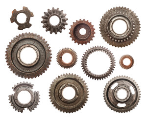 Set of grunge cog wheels, gears isolated on transparent background - obrazy, fototapety, plakaty