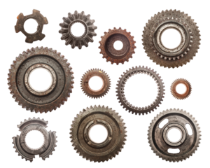 Set of grunge cog wheels, gears isolated on transparent background