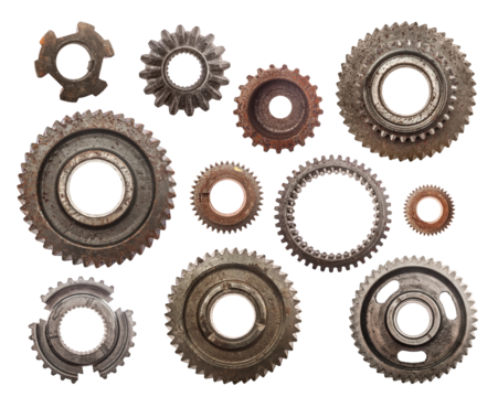 Set of grunge cog wheels, gears isolated on transparent background