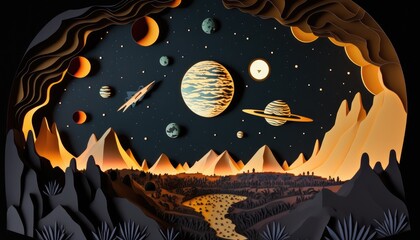 Night sky with {planets in Cut Paper Style