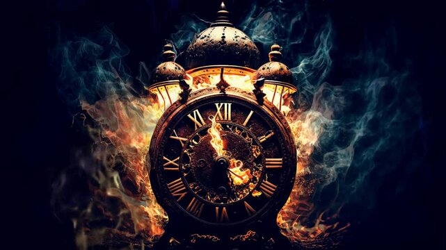 retro clock on fire burning with time