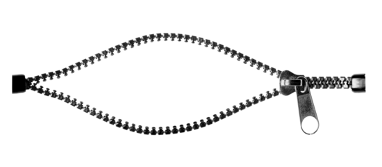 Zipper or fastener unzipping close-up isolated on transparent white