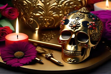 Gold mexican skull for  day of the dead with flowers. Dia de los muertos. México. Ai generative