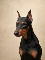 Fototapeta na wymiar Standard pinscher on a beige background. Portrait of a dog in the studio. beautiful pet
