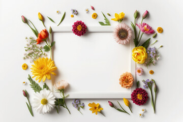 Naklejka na ściany i meble Mockup of colorful spring flowers color frame on white background.AI generative
