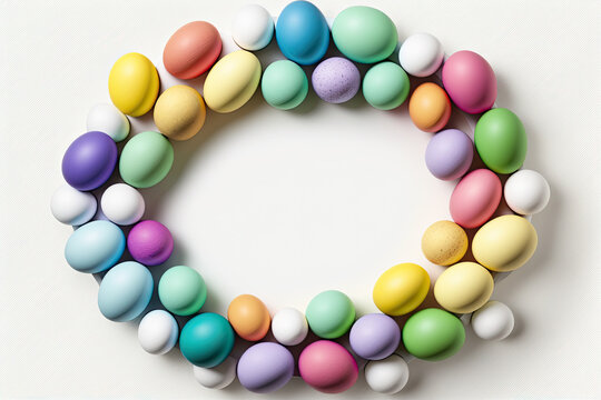 Mockup of colorful easter eggs and frame on white background.AI generative