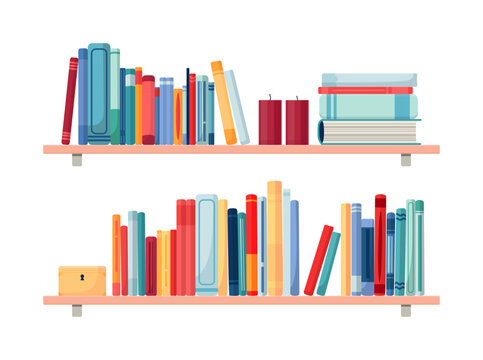 Pair of hanging bookshelves. Vector colorful illustration isolated on white background. Home library. 
Vector illustration of textbooks.