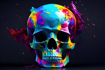 Beautiful abstract Human skull splashed in colorful paint background. Ai generative