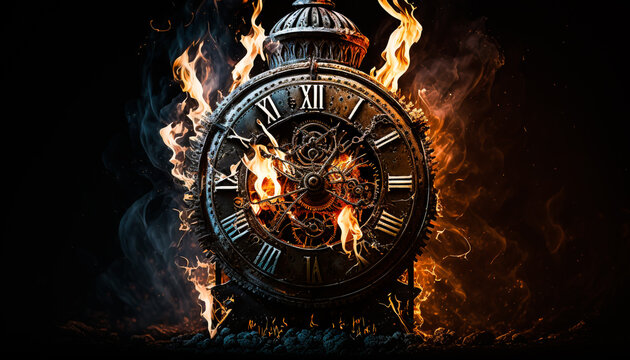 Old steampunk clock face consumed as time lapse