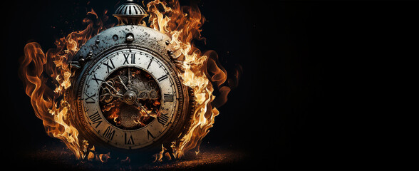 burning vintage watch isolated on a black background with copyspace 
