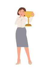 business woman holding gold trophy. Flat vector cartoon illustration