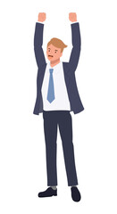 Happy businessman raises his hands up in joy. victory.  Flat vector cartoon illustration