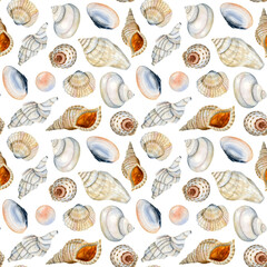 Watercolor seamless pattern with different seashells and pearls on white background in blue, orange, beige colors