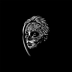 Woman sugar skull dotwork tattoo with dots shading, tippling tattoo. Hand drawing face portrait white emblem on black background for body art, minimalistic sketch monochrome logo. Vector illustration