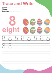 Number eight tracing practice worksheet with eight colorful easter eggs. Page for kids learning to count and to write. Vector Illustration. Exercise for children to recognize the number.