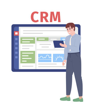 Salesman Measuring CRM Effectiveness Flat Concept Vector Spot Illustration. Editable 2D Cartoon Character On White For Web Design. Creative Idea For Website, Mobile App. Fira Sans Bold Font Used