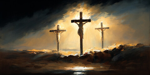 Three crosses on Calvary oil painting symbolic of the crucifixion of Jesus Christ created with Generative AI