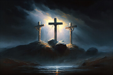 Three crosses on Calvary oil painting symbolic of the crucifixion of Jesus Christ created with Generative AI