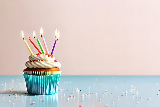 Delicious birthday cupcake with candles on table on light background. Ai generative