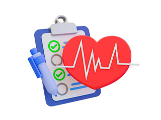 3d minimal annual health check concept. Health insurance concept. checklist clipboard with a heart and heart wave. 3d illustration.