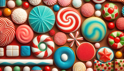 Fototapeta na wymiar Variety of colorful candy and cookies on a vibrant patterned background