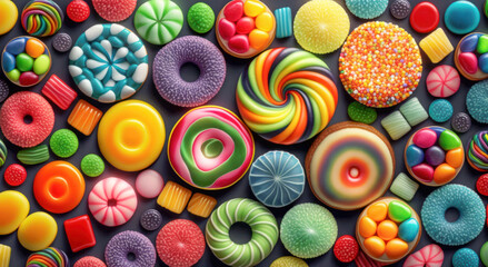 Fototapeta na wymiar Variety of colorful candy and cookies on a vibrant patterned background