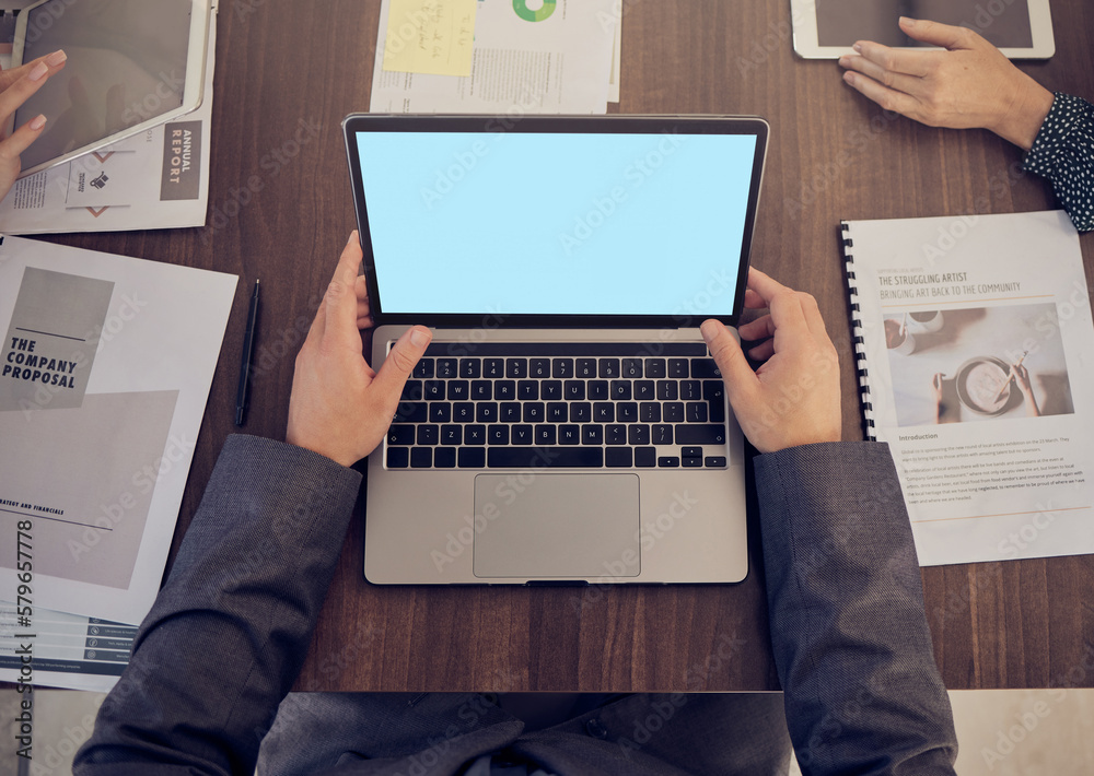 Poster Blank, computer planning and businessman green screen with mockup of laptop monitor in a meeting. Working, team planning and work web research of a business man writing a email or IT coding mock up